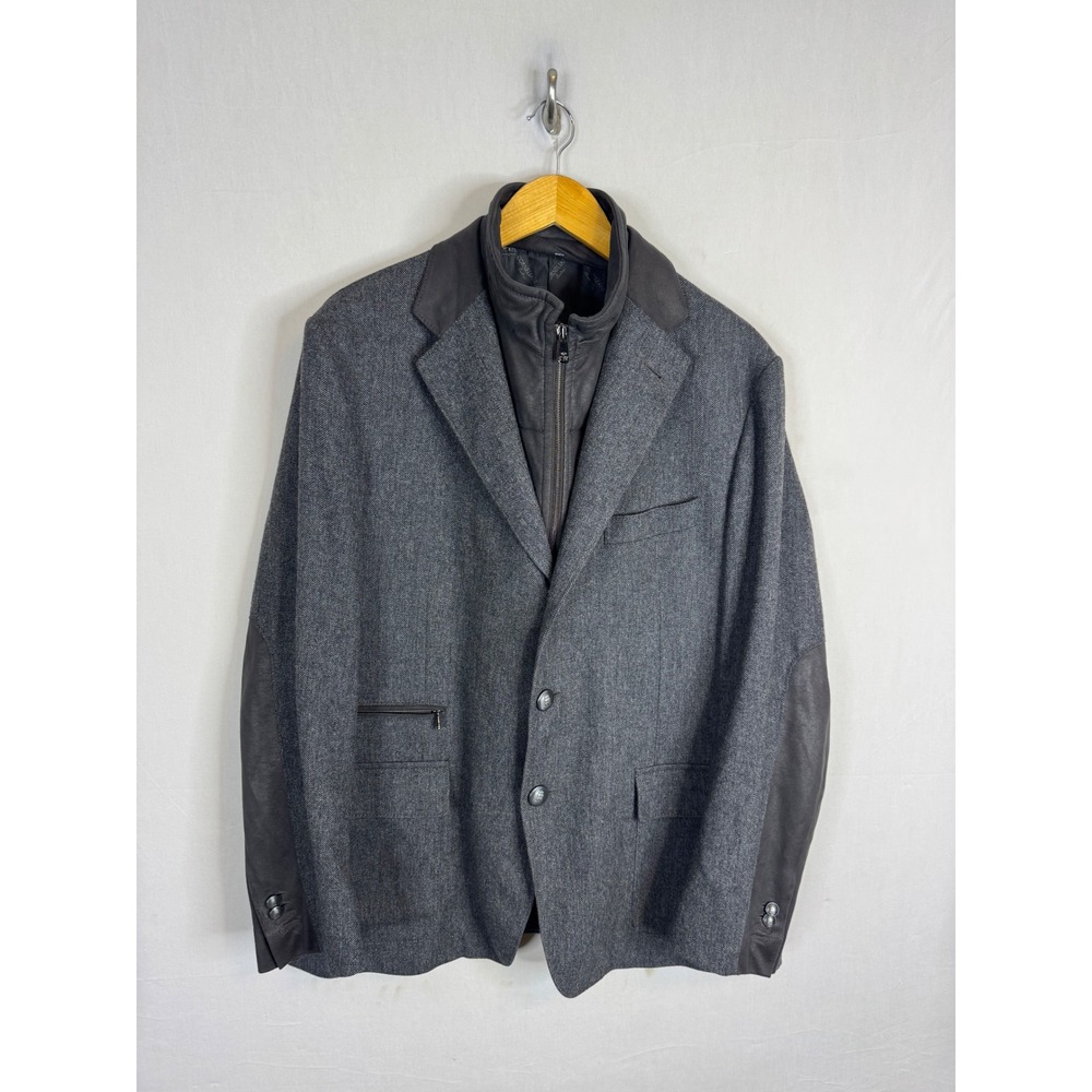 Corneliani ID Grey Wool Cashmere Herringbone Blazer Mock Neck Bib Jacket 54R IT